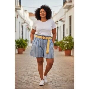 No Comment Plus‎ Blue Striped Paperbag Shorts with Woven Belt 3X NEW